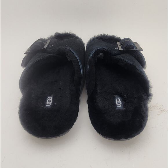 UGG OUTSLIDE BUCKLE BLACK SUEDE SHEARLING SLIPPERS US 8 / EU 39 / UK 6